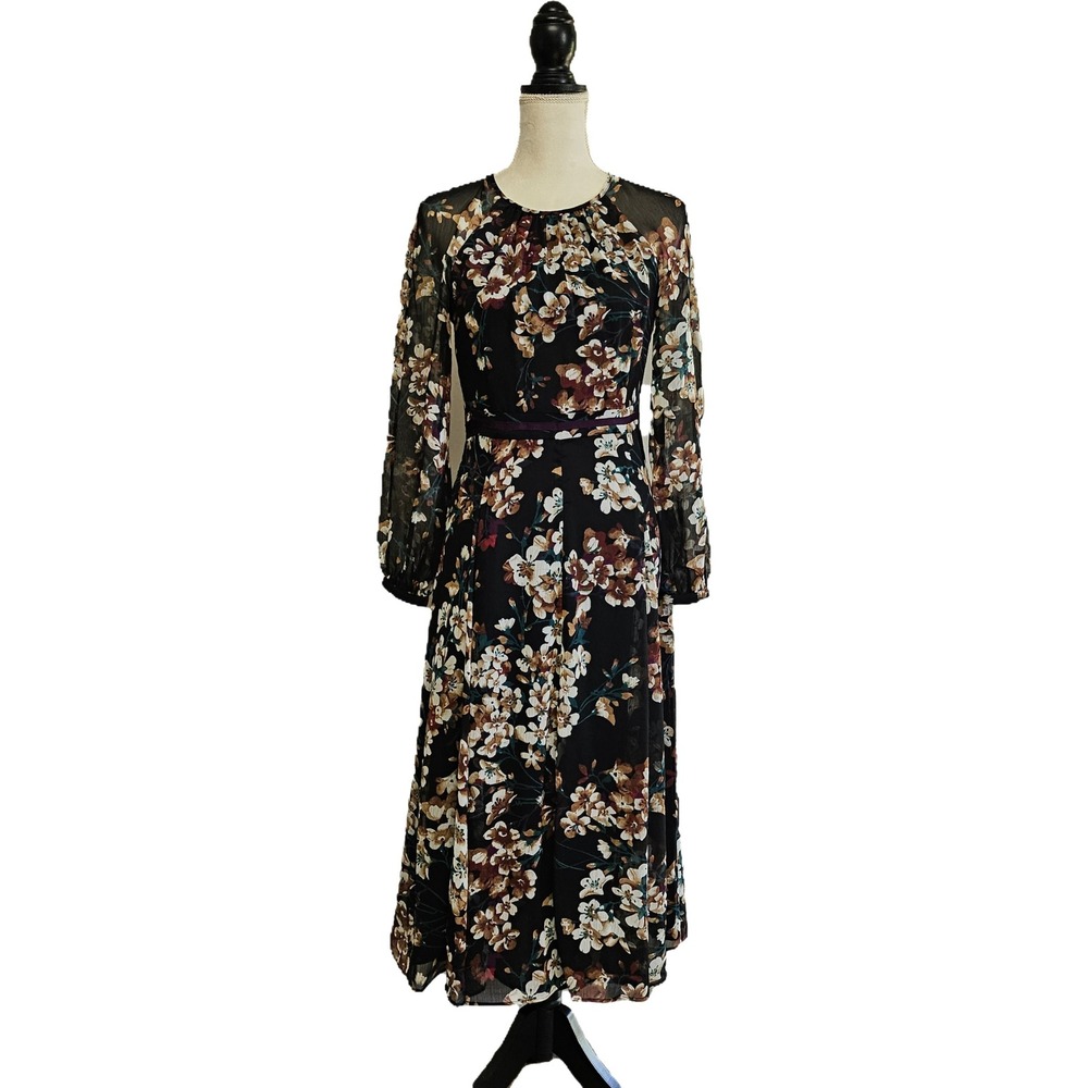 Tommy Hilfiger Black Floral Chiffon Midi Dress Size‎ 2 Dark Cottagecore Romantic